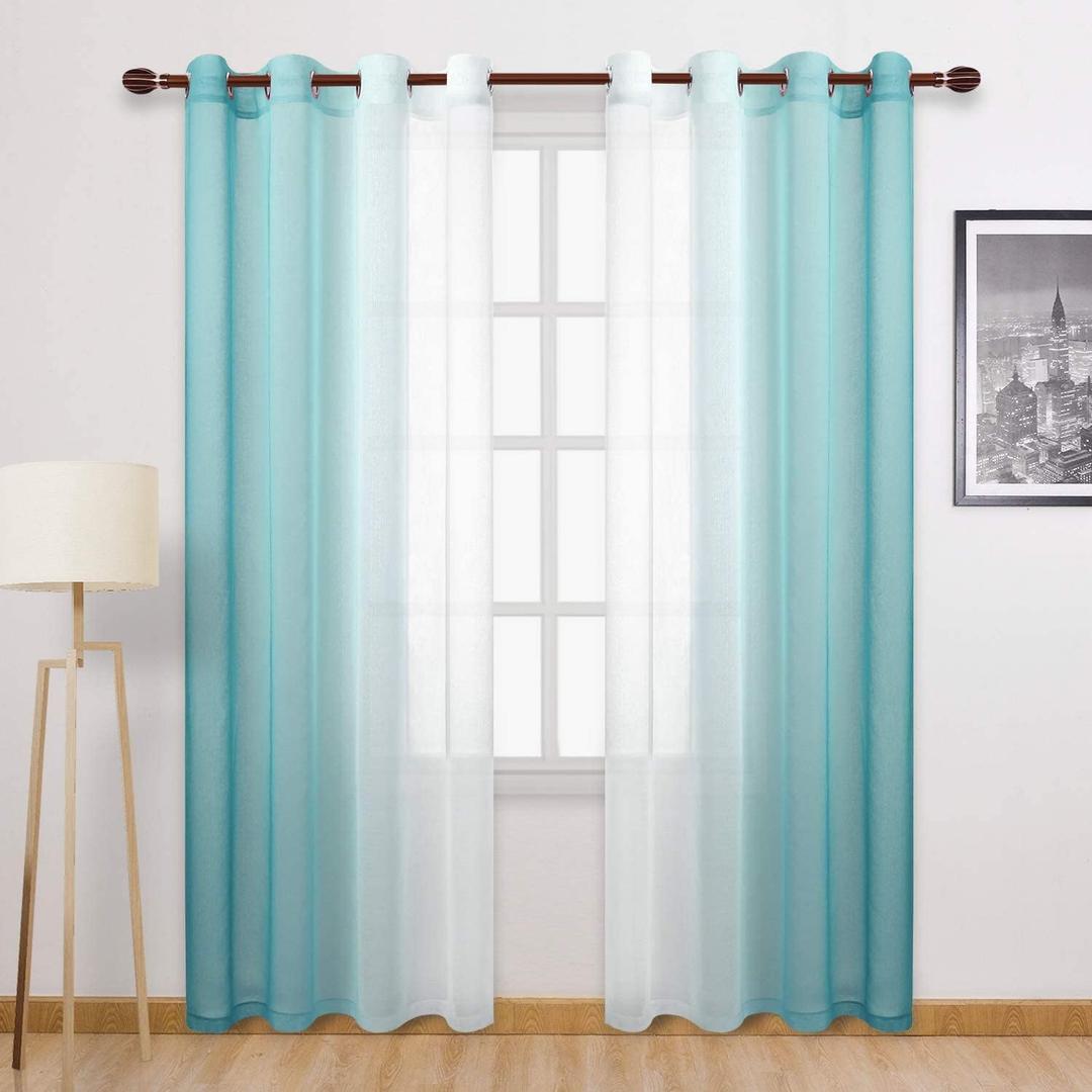 DWCN Teal Faux Linen Ombre Sheer Curtains - Gradient Semi Voile Curtains for Bedroom and Living Room, Set of 2 Grommet Top Window Curtain Panels, 52 x 108 Inches Long