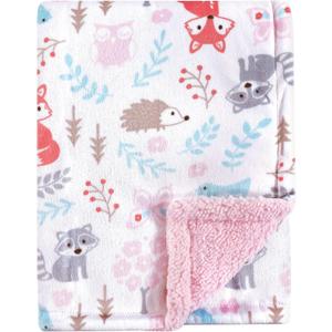 Hudson Baby Unisex Baby Plush Mink and Sherpa Blanket, Girl Woodland, One Size
