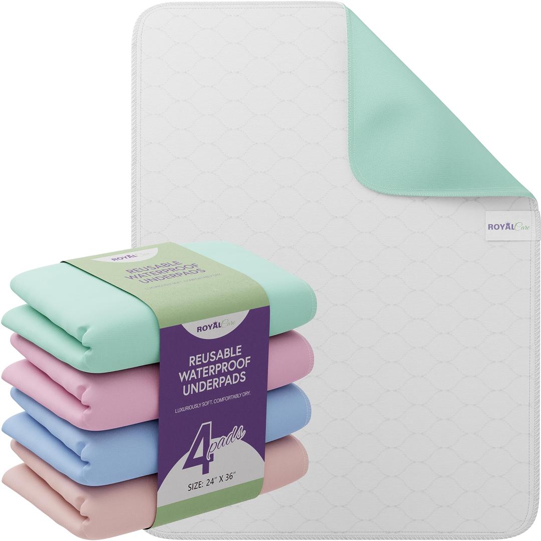 Incontinence Bed Pads - 4 Pack 18” x 24” Reusable Waterproof Mattress Protectors - Highly Absorbent, Machine Washable - for Children, Pets and Seniors - Assorted Colors - Royal Care