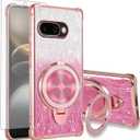 Asuwish Phone Case for Google Pixel 9A Magnetic Cell Cover with Tempered Glass Screen Protector and Bling Glitter Shockproof Stand Hybrid Ring Hard Holder Accessories Pixel9A A9 5G Women Girls Pink