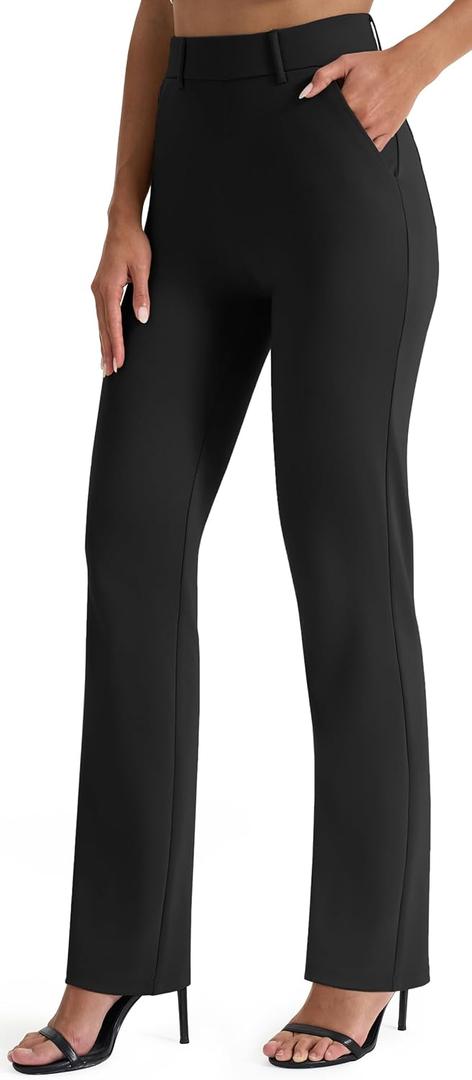 AFITNE Women's Dress Yoga Pants Straight Leg Stretchy Business Casual Office Work Slacks with Pockets Wrinkle-Resistant Trousers 27 Inches Black L