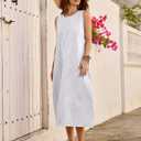 LOMON Summer Dresses for Women Cotton Casual Maxi Dress Beach Vacation Long Sundresses Plaid Striped with Pockets