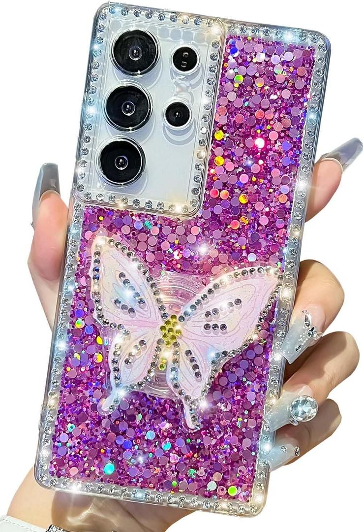 Cute Compatible with Samsung Galaxy S25 Ultra 6.8 inch Girly Case, Bling Glitter Diamond Butterfly Kickstand Case, Soft Silicone Cases for Women(Purple)
