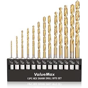 ValueMax Drill Bit Set, Hex Shank Impact Drill Bits with Storage Box, Titanium Coated HSS Twist Drilling Bit Kit for Soft Metal, Wood, PVC, Quick Change Design(13PC, 1/16"-1/4")