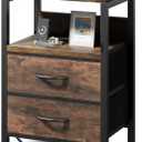 Lazzanto Night Stand Bedside Charging Table Bedroom - Brown Night Stand with Charger Station, Modern Bed Side End Table with Open Shelf & 2 Fabric Drawers, USB-C Port for Dorm, Living Room