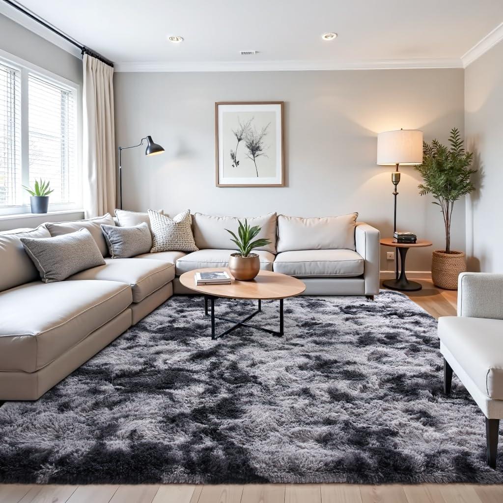 Beglad Fluffy Large Area Rugs 9x12 Feet, Modern Minimalist Style Shag Fuzzy Rugs, Non-Slip Indoor Carpet Soft Rugs for Kids Room, Bedroom & Living Room, Tie-Dyed Dark Grey