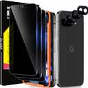 Milomdoi 3 Pack Privacy Screen Protector for Google Pixel 9A Tempered Glass with 3 Pack Camera Lens Protector, Ultra 9H Accessories [Support Fingerprint Unlock] Case Friendly, Black (6.3 Inch)