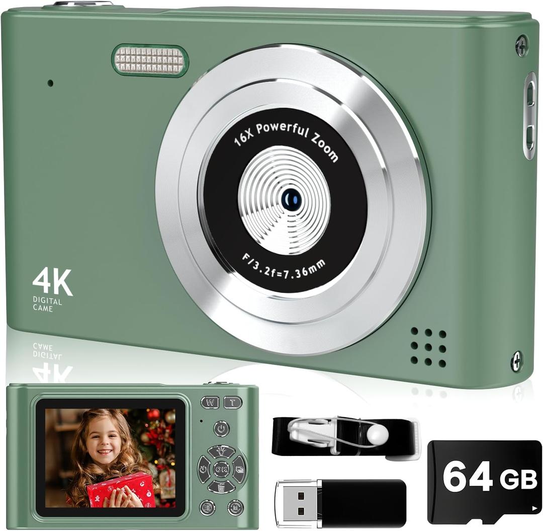 Digital Camera, 44MP Full HD 1080P Point and Shoot Camera with 64GB Card, Anti Shake 16X Zoom Compact Volg Cameras, Portable Small Camara Gift for Kids, Ages Teen Girl Boy - Green