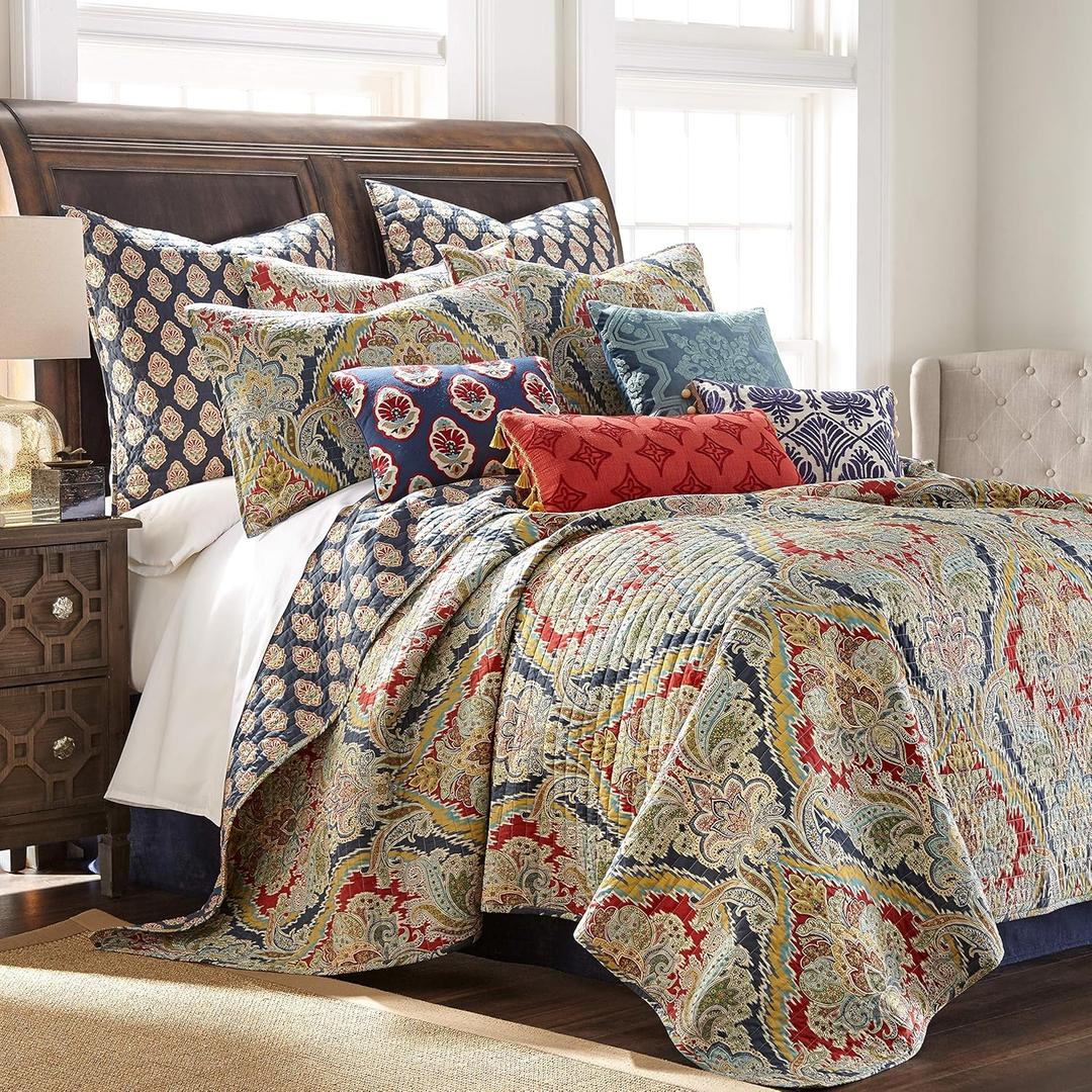 Levtex Home - Moreno Quilt Set - King/Cal King Quilt + Two King Pillow Shams - Traditional Damask - Red, Blue, Grey, Gold, Teal - Quilt (106x92in.) and Pillow Shams (36x20in.) - Reversible - Cotton