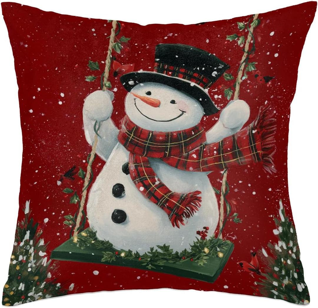 Xmas Snowman Throw Pillow Covers Christmas Tree Leaf Pillow Cases Square Cushion Cover for Sofa Couch Bedroom Living Room 20x20 Inch