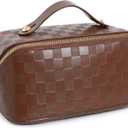 Large Capacity Checkered Makeup Bags Portable Travel Cosmetic Bags Open-Flat Toiletry Waterproof Bag for Women Girls Make up Organizer with Divider and Handle Pouch Zipper Bag (A-Brown)