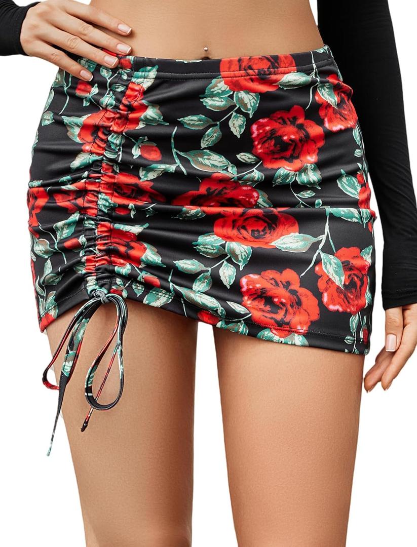 Avidlove Mini Skirts for Women Bodycon Casual Mini Skirts Adjust Drawstring Sexy Ruched Short Skirt Micro Club Skirt (Small, Leaf Rose)