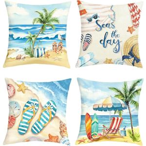 Summer Beach Palm Tree Throw Pillow Covers 16x16 Inch Set of 4 Seaside Scenery Starfish Seashell Cushion Covers Home Decor for Couch Cushion Cases