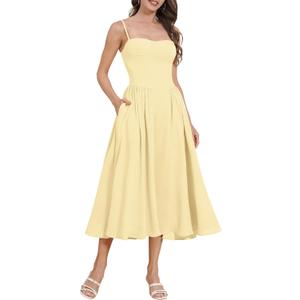 Womens Corset Dress Sexy Thigh Spaghetti Strap Bustier Cocktail Dress Low Cut Boho Formal Dresses with Pockets (Yellow, M)
