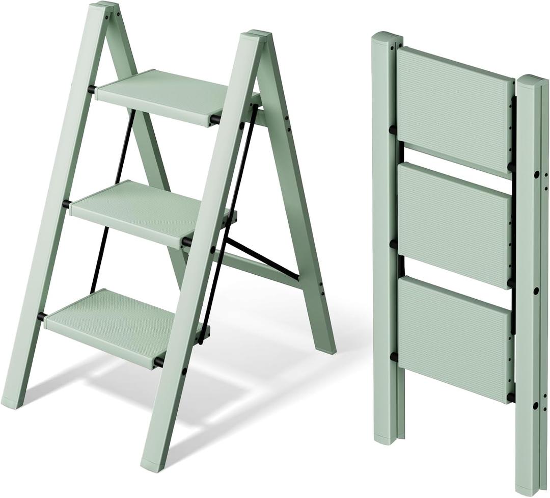 Mayi Plus 3 Step Ladder,Aluminum Folding Step Stool for Adults,Step Ladder with Wide Anti-Slip Pedal,330 lbs Capacity for Home,Office,Kitchen,Library(Green)