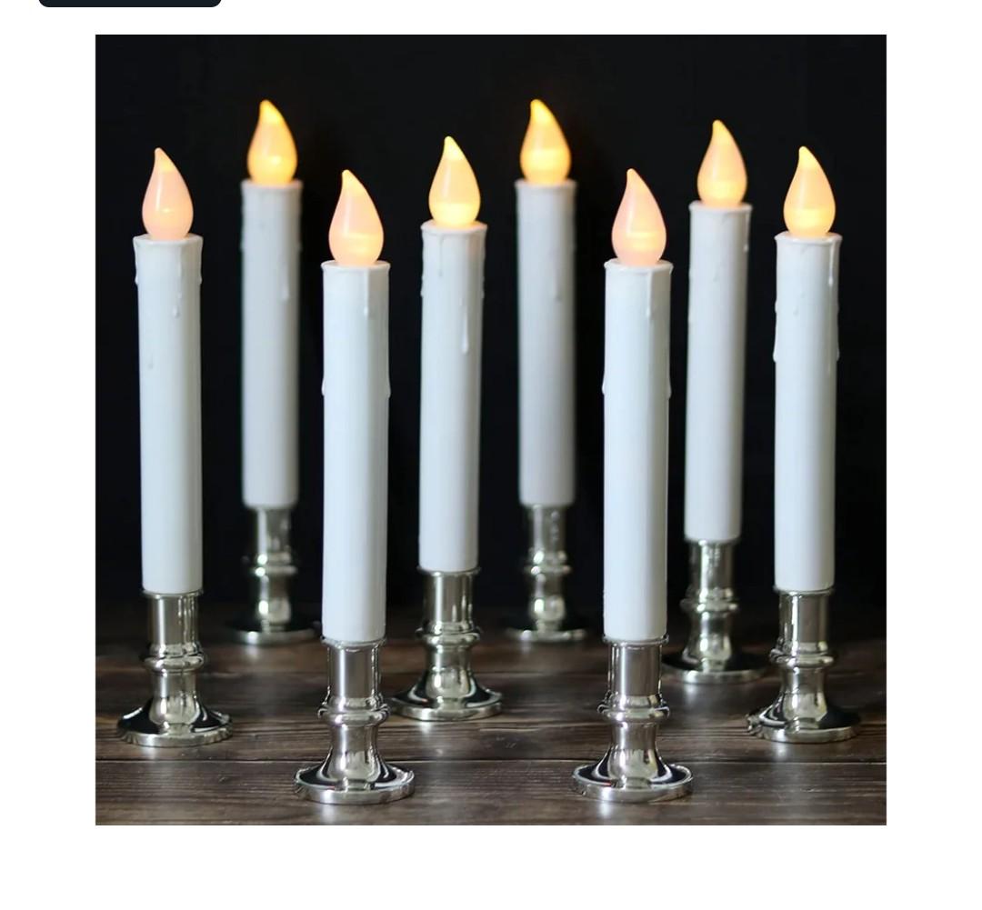 DRomance 9" Flameless Window Taper Candles Battery Operated with 8Key Remote and Timer, 8 Pack White Christmas Holdiay Window Candles with Silver Holders, Suction Cups and AA Batteries Included