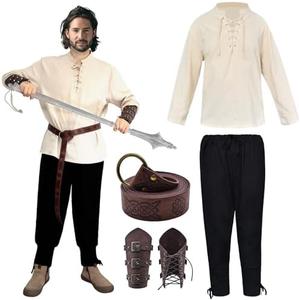 5 Pcs Halloween Men's Pirate Set Renaissance Costume Shirt Ankle Strap Pants Headscarf Belt Medieval Viking,XL