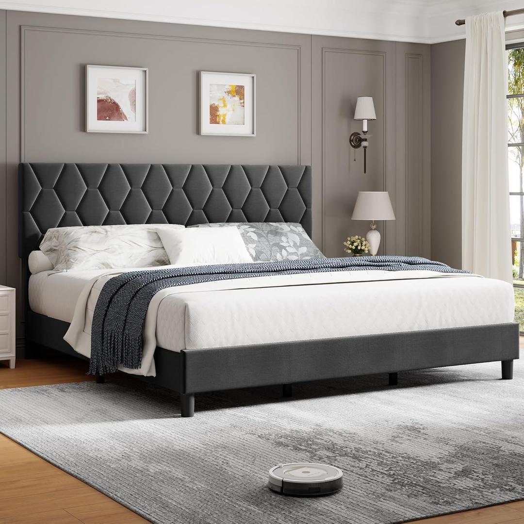 GarveeHome Full Size Platform Bed Frame with Upholstered Headboard and Wooden Slats Support, Upholstered Mattress Foundation/No Box Spring Needed/Easy Assembly, Grey