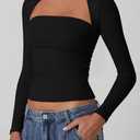 QINSEN Long Sleeve Square Neck Tops for Women Double Lined Side Ruching Going Out Shirts Basic Tee (Black, S)