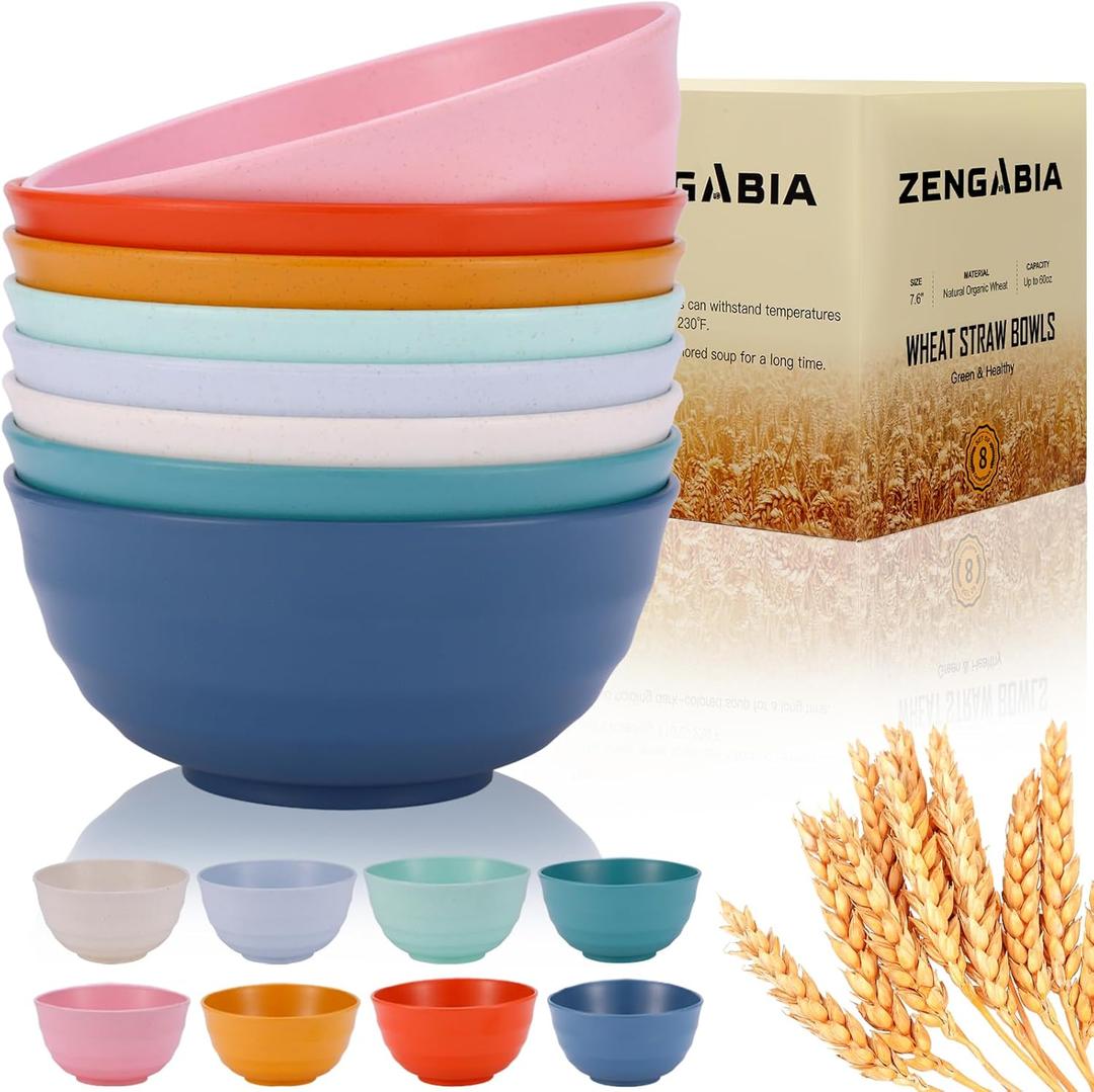 Microwave Safe Bowls 60 Oz, Deep Large Plastic Cereal Soup Bowls Set of 8, Unbreakable Reusable Wheat Straw Dinnerware Sets Dishwasher Safe BPA-Free for Kitchen Salad Ramen, Multicolor