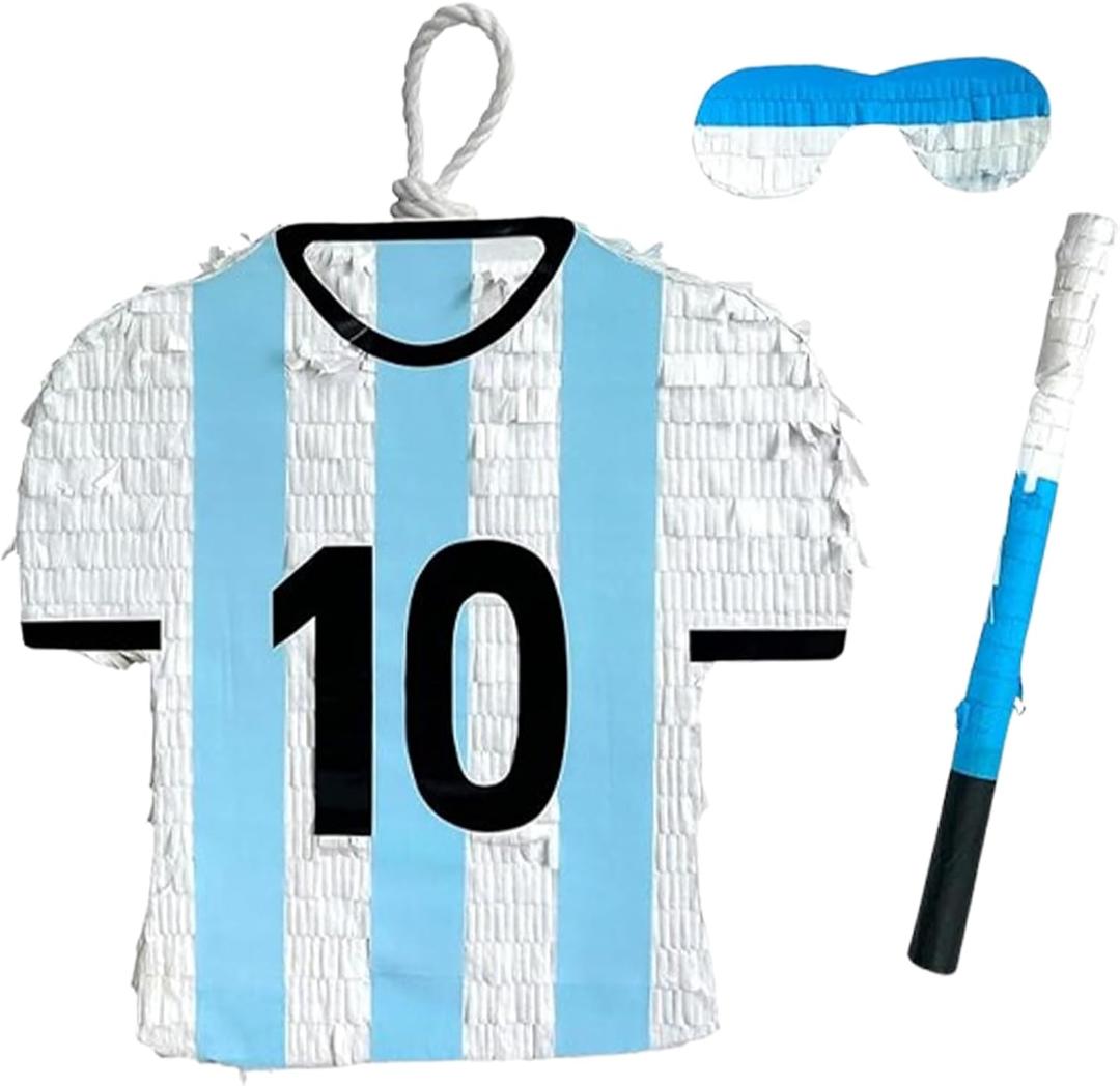 APINATA4U 17.5" Soccer Jersey Large Pinata – White & Blue Party Decoration | Soccer-Themed Birthday Supplies with Stick & Blindfold | Fun Futbol Sports Ball Hanging Pinata Game