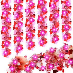 Chuangdi Chuangdi 16.4 Feet Valentine's Day Tinsel Garland with Lights 50 LEDs Metallic Tinsel Twist Garland Hanging Shiny Lights for Valentine Tree Wreath Wedding Home Party Decorations(Mixed Pink)