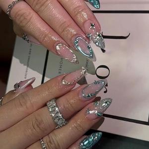 Hkanlre Blue Fake Nails Tips Bling Press on Nails Full Cover Medium Almond False Rhinestones Nails for Women 24PCS