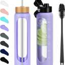 FULBEVY 32 oz Glass Water Bottles - 1 Liter Motivational Tumbler Water Bottle Time Marker - Borosilicate Glass Water Bottle With Silicone Sleeve and 2 Lids, Handle Spout & Bamboo Straw Lid