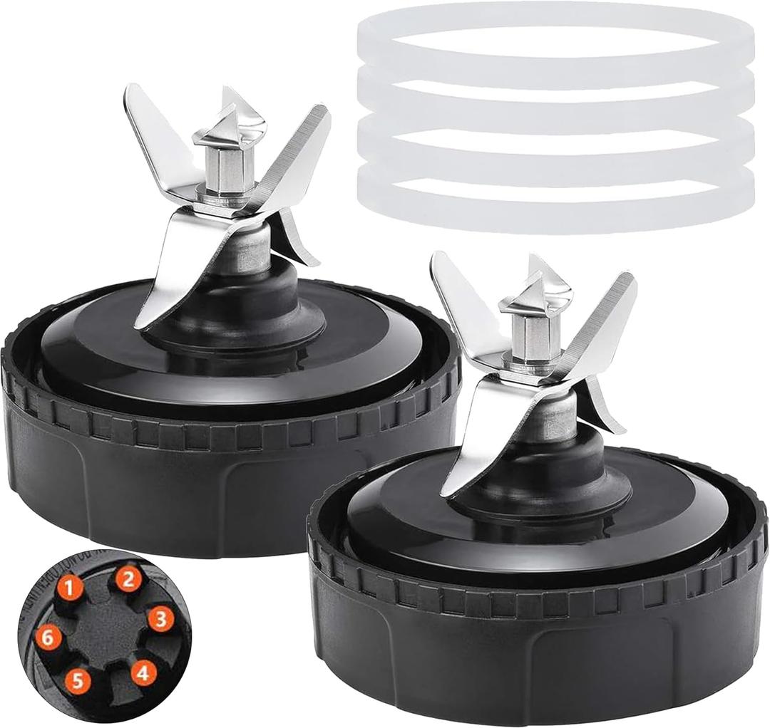 Blender Blade Fit for Ninja, Replacement Parts 6 Fin Male Blades with 4 Rubber Gaskets, Blender Accessories Compatible with Ninja Auto IQ BL620C BL660 BL740 BL780 QB3000, Only Fit 16oz Cups(2 Pack)