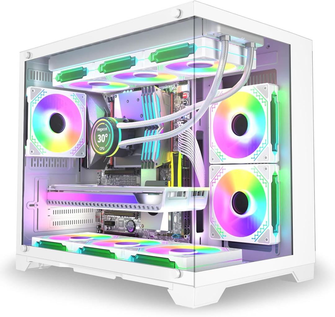 MATX PC Case, 6 ARGB Fans Pre-Installed, Type-C Gaming PC Case, 360mm Radiator Support, Tempered Glass Front & Side Panels, Mid Tower White Micro ATX Computer Case (Not for ATX)