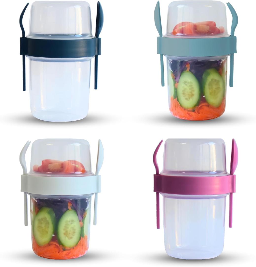 salda 4 Pack 22 oz Breakfast On the Go Cups, Take and Go Yogurt Cup with Topping Cereal Cup with spoon and fork, Overnight Oats or Oatmeal Container Jar, Colorful Set of 4