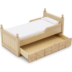 Dollhouse Miniature Bed with Drawer 1:12 Wooden Furniture European Bedroom Bedding Furniture Accessories with Pillow & Mattresses Vintage Floral Fabric Mini House Decoration (Woody)