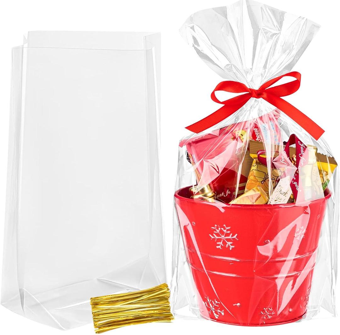 Ohuimrt 100 Pack Cellophane Bags with Bottom Gusset, 8 x 11 x 3 Inch Clear Treat Bags Plastic Goodie Gift Packaging with Ties for Popcorn, Candies, Snacks, Party Favors, Cookies