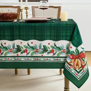 Romanstile Christmas Checkered Rectangle Tablecloth, Winter Holly Bell Table Cloth, Green Buffalo Plaid Xmas Table Cover for Dining, Party, Holiday Decor - 60 x 84 Inch