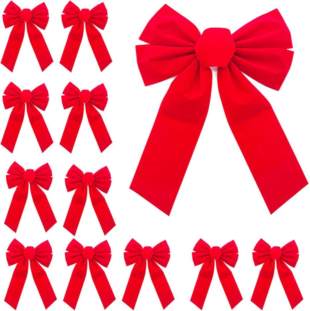 12pcs Christmas Red Velvet Bows, 13" Long by 9" Wide Decorative Christmas Bows for Wreath Garland Tree Decor, Indoor Outdoor Holiday Decorations