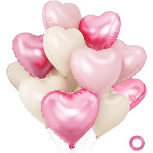 Pink and White Balloons - Pack of 15 - Heart Shaped Foil Balloons for Valentines Day Wedding Birthday Bridal Shower Baby Shower Decorations