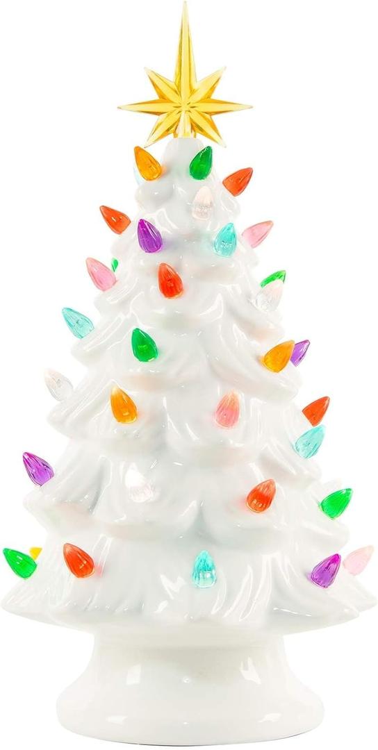 13 Inch Ceramic Christmas Tree, Tabletop Christmas Tree with Multicolored LED Lights and Star, Battery Operated Vintage Lighted Ceramic Tree for Home Office Table Holiday Decorations, White