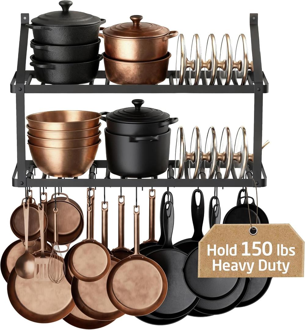 KES 150 lb High-Capacity Pot Rack Wall Mounted with Pot Lid Holder, 34 Inch Heavy-Duty Pots and Pans Hanging Rack with 20 Hooks, Drilling Template Provided for Easy Install, Matte Black, KUR528S88-BK