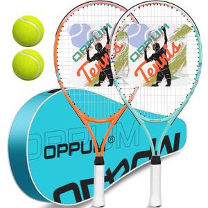 OPPUM 2-Pack 23 Inch Kids Tennis Racket Set with Bag and 2 Balls | Aluminum alloy set with 2 pre-strung racquets, 2 balls and shoulder bag  Orange & Green