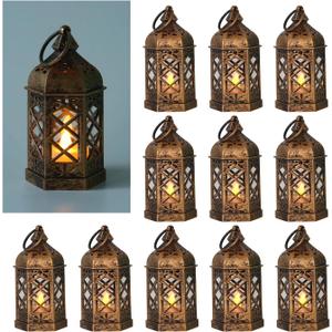 LLQ 12Pcs Mini Lantern for Centerpieces, Small Candle Lanterns Decorative Indoor, Vintage Hanging Moroccan Lantern for Halloween Decorations, Christmas Centerpieces for Tables, Wedding Table Decor