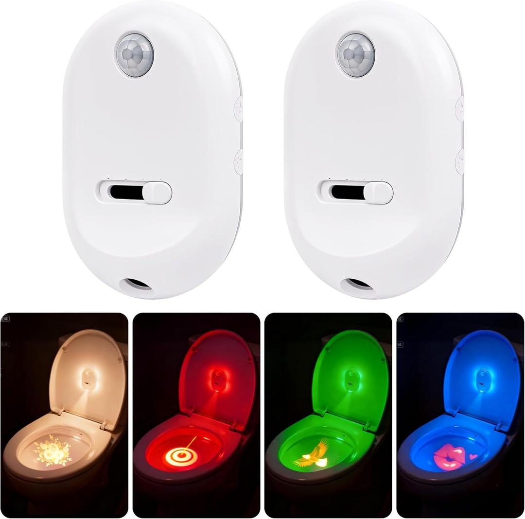 2 Pack Toilet Night Light Motion Sensor 4 Projection Patterns, 13 Color Changing, USB-C Rechargeable Toilet Bowl Light, Auto On/Off, Splash-Proof, for Bathroom, Hallway, Christmas Gifts for Women Men