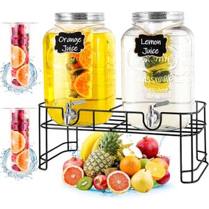 Drink Dispenser & Glass Water Dispenser, 2 Pack 2 Gallon Beverage Dispenser with Stand,with Ice Core,Stainless Steel Spigot and Lid 100% Leakproof.Glass Beverage Dispenser for BBQ,Picnic,Party