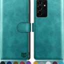 SUANPOT for Samsung Galaxy S21 Ultra 6.8" with RFID Blocking Leather Wallet case Credit Card Holder,Flip Folio Book Phone case Shockproof Cover Women Men for Samsung S21 Ultra case Wallet Blue Green