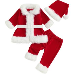 Toddler Baby Boys Girls Christmas Santa Costume Velvet Long Sleeve Jacket+Long Pants+Hat Xmas Cosplay Party Outfits (5-6 Years, Red)
