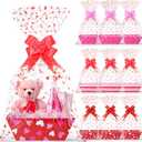 12 Sets Valentines Day Gift Basket Empty with Heart Printed Cellophane Basket Bags, Cardboard Valentine Gift Basket Empty to Fill with Bows Ribbons for Valentines Day Wedding Anniversary Party