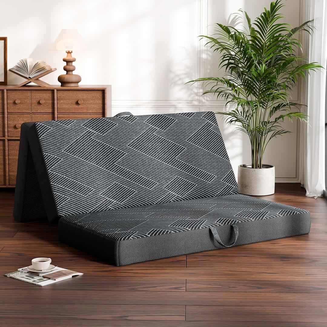Vamcheer Tri Folding Mattress, 3 inch Full Foldable Mattress, Tri-fold Memory Foam Mat with a Collapsible and Washable Cover, Handle & Non-Slip Bottom, for Travel/Guest, 73"x52"x3", Grey