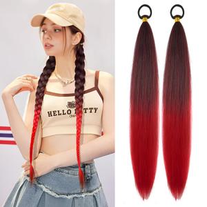 2 Pack Braid Ponytail Extension with Elastic Tie Straight Sleek Wrap Around Braid Wig Ponytail Black Red gradient 26 Inch (Black/Red)