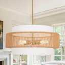 19.7" Boho Rattan Chandelier, 4-Light Handwoven Farmhouse Pendant Light with Fabric Shade, Height Adjustable Chandeliers for Dining Room Living Room Kitchen Island Bedroom Foyer