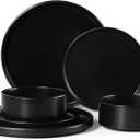 E-far 6-Piece Stoneware Dinnerware Sets, Black Plates and Bowls Set for 2, Kitchen Modern Dishes Set for Everyday & Formal, Chip and Scratch Resistant, Microwave & Dishwasher Safe, Matte Black