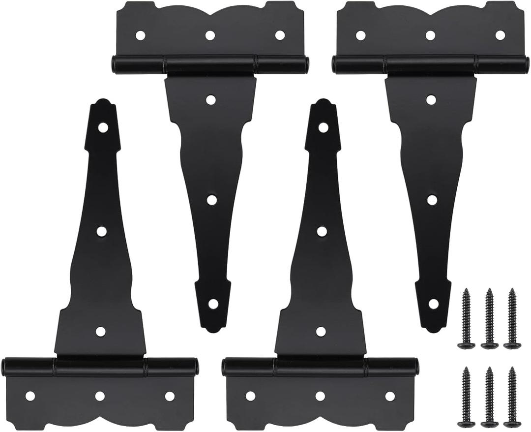 HOME MASTER HARDWARE 8 in Heavy Duty Decorative T Strap Hinge Rustproof Iron Black Gate Hinge,Tee Hinges for Storage Sheds, Gates Barns with Screws (4 Pack)